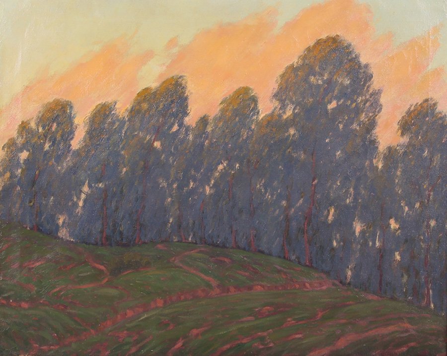 Ernest Browning Smith California Eucalyptus Painting: Ernest Browning Smith California painting of eucalyptus. Beautiful carved original frame. 24"h x 30"w. Frame 33.5"h x 39.5"w. 5% of this lot will benefit The Dirk van Erp Foundation. We box and ship o