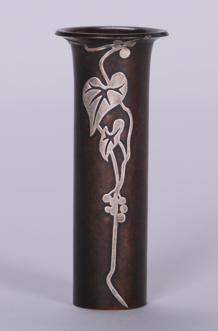 Heintz Sterling on Bronze Flared Vase: Heintz sterling on bronze flared vase. Excellent new patina. 6.5"h. 5% of this lot will benefit The Dirk van Erp Foundation. We box and ship ourselves, to keep shipping costs low. We do not use a pack