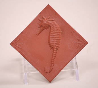 Rare Halcyon Pottery Square Seahorse Tile: Rare Halcyon Art Pottery Seahorse Tile by Alexander Robertson c1911. Signed. 2 7/8"sq. 5% of this lot will benefit The Dirk van Erp Foundation. We box and ship ourselves, to keep shipping costs low. W