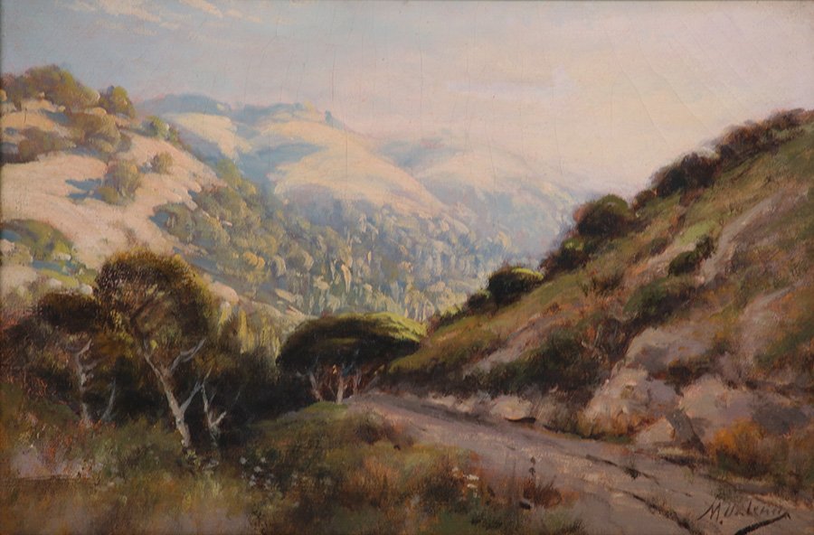 Manuel Valencia Painting of Marin Hills: Manuel Valencia oil painting on canvas of Marin Hills c1900 12"h x 18"w (Original Frame 18.5"h x 24"w). 5% of this lot will benefit The Dirk van Erp Foundation. We box and ship ourselves, to keep ship