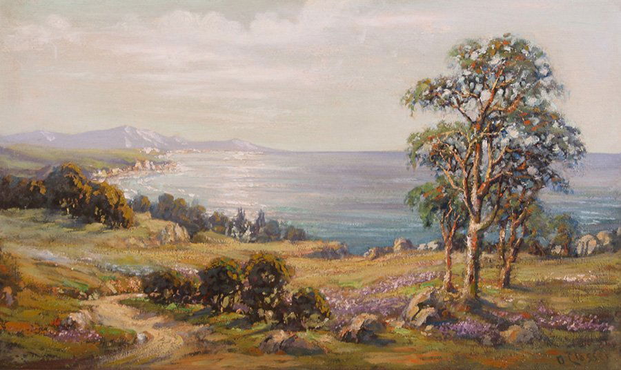 Otto Classen Painting of Monterey Bay: Otto Classen oil painting on board of Monterey Bay. Signed lower right. 18"h x 30"w. Original frame 23"h x 35"w. 5% of this lot will benefit The Dirk van Erp Foundation. We box and ship ourselves, to
