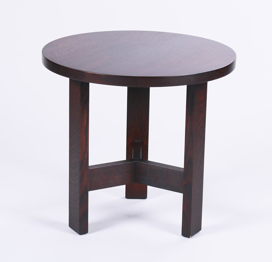 Contemporary Gustav Stickley 3-Leg Table: Contemporary Gustav Stickley designed 3-leg table by Head, Heart & Hand. 5% of this lot will benefit The Dirk van Erp Foundation. We box and ship ourselves, to keep shipping costs low. We do not use a