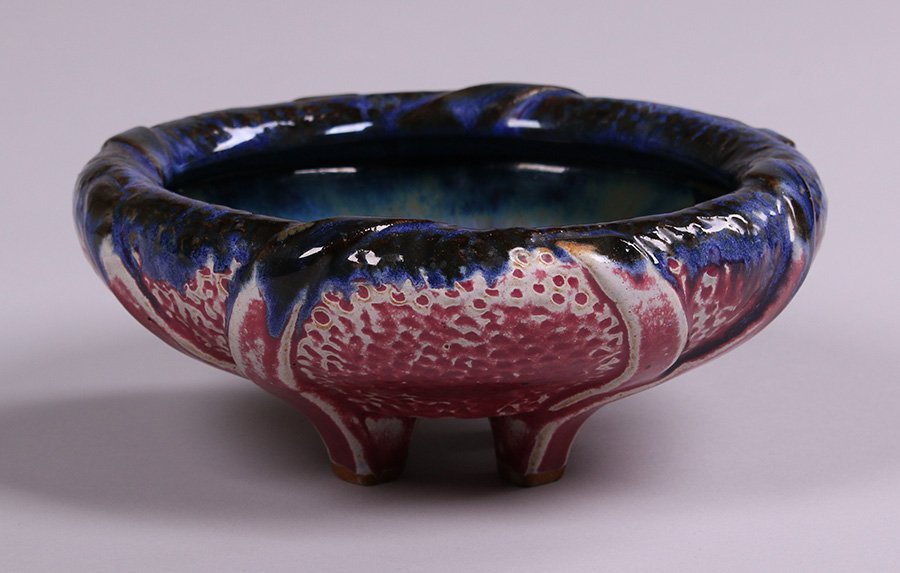 Fulper Bowl with Four Feet: Fulper bowl with French-baquette shaped outter edge and four smal feet. Glazed over signature. A couple of very small edge chips to feet. 9"d x 3.5"h. 5% of this lot will benefit The Dirk van Erp Foun