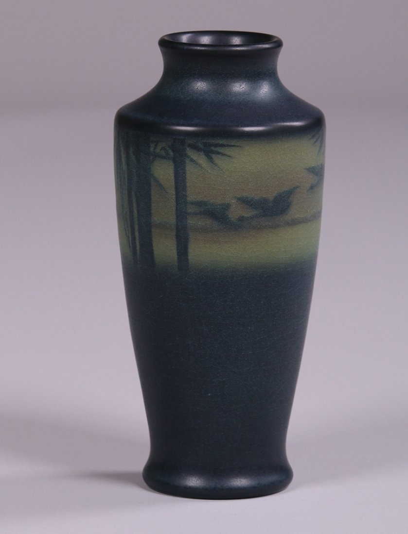Rookwood 1912 Scenic Vase by Lenore Asbury: Rookwood scenic vase decorated by Lenore Asbury with a scene of flying geese c1912. 9.5"h x 4"d. Perfect condition. No chips, cracks or repairs. 5% of this lot will benefit The Dirk van Erp Foundation