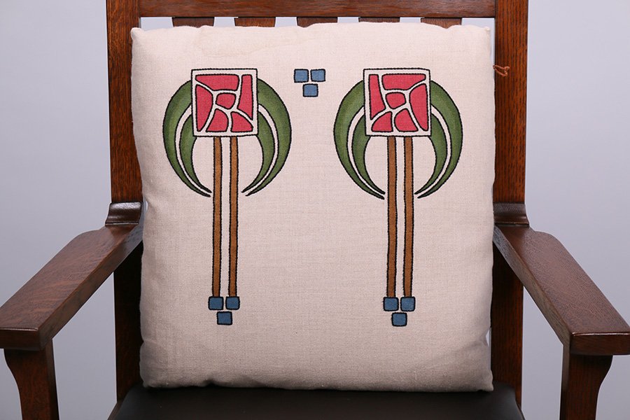 Contemporary Dianne Ayres Embroidered Pillow: Contemporary Dianne Ayres Embroidered American Beauty Pillow. Signed and dated 2008. Light stain on edge of pillow. 20" x 20". 5% of this lot is being sold to benefit The Dirk van Erp Foundation. We b