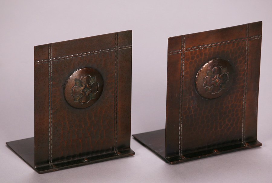 Roycroft Hammered Copper Bookends Repousse Flowers (1 of 2)