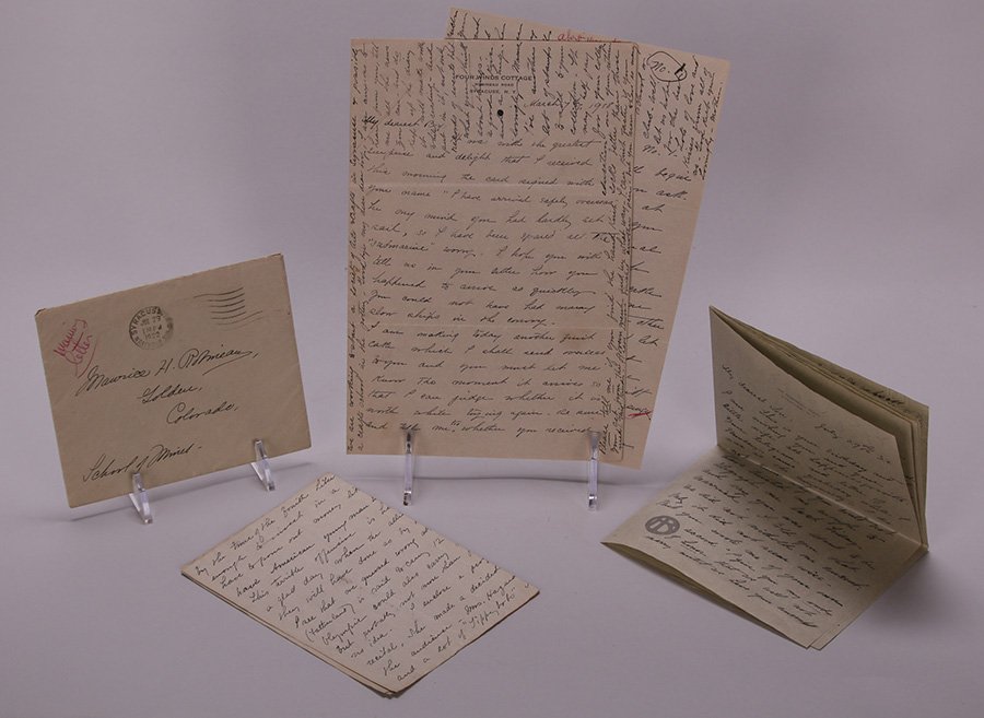 Adelaide Robineau Letters: Lot of three Adelaide Robineau hand-written letters to her son, Maurice. Two of them from 1918 and the third dated July 29, '22 in which she gives her son, Maurice belated consent to get married (he d
