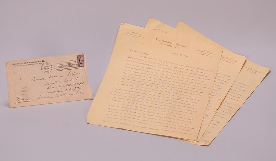 Sameul Robineau Letters: Lot of four letter from Samuel Robineau to his son, Maurice all dated 1918 on Robineau Pottery stationary and sent to Maurice while serving in France in WWI. We box and ship ourselves, to keep shippin