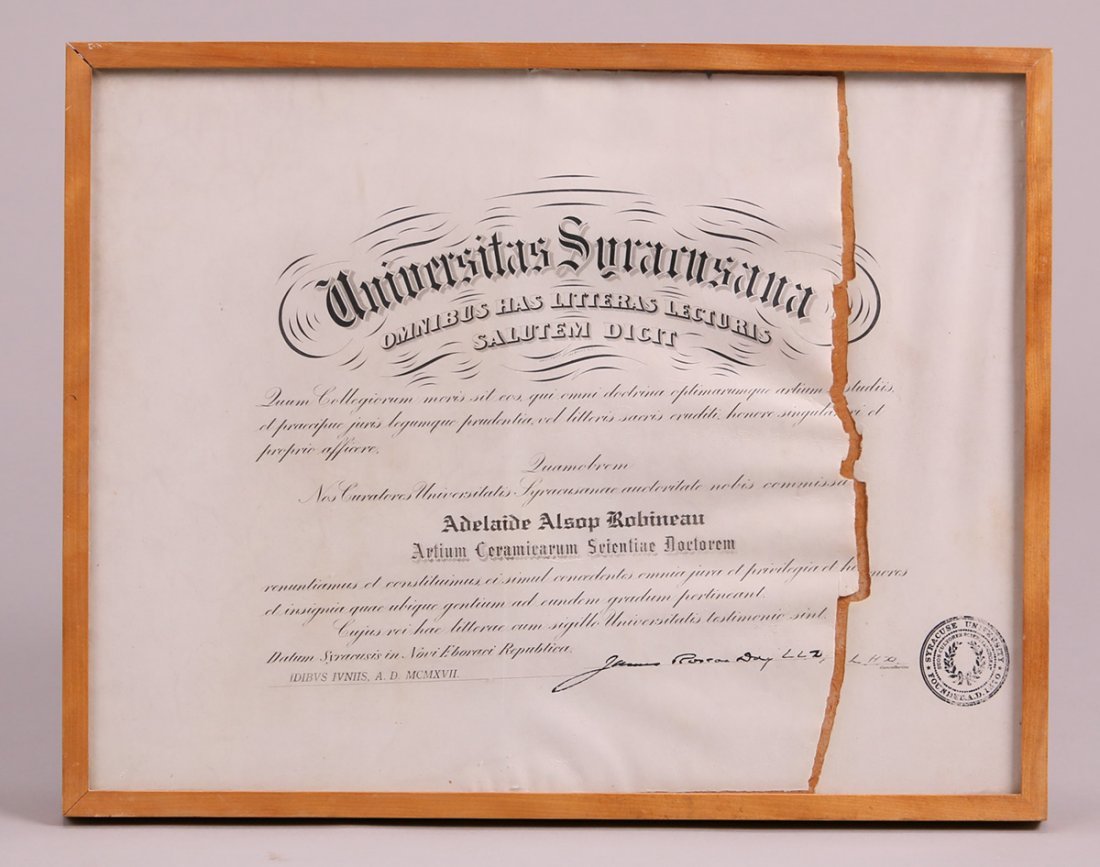 Adelaide Robineau Syracuse University Certificate 1917: Adelaide Robineau Syracuse University Certificate 1917 written in Latin "Artium Ceramicarum Scientiac Doctorem" or literally translated "Scientific Ceramic Arts Teacher". Right side completely torn an
