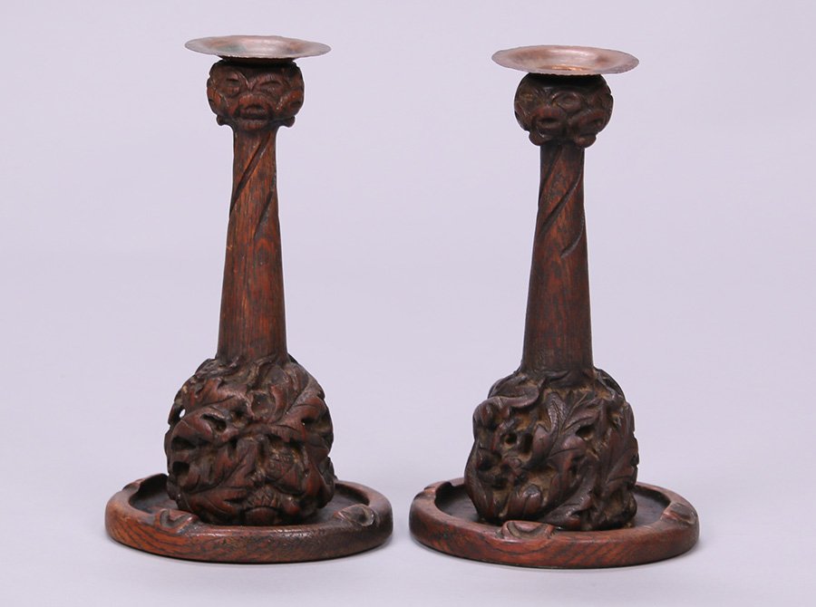 Pair of Charles Rohlfs Hand-Carved Oak Candlesticks (1 of 3)