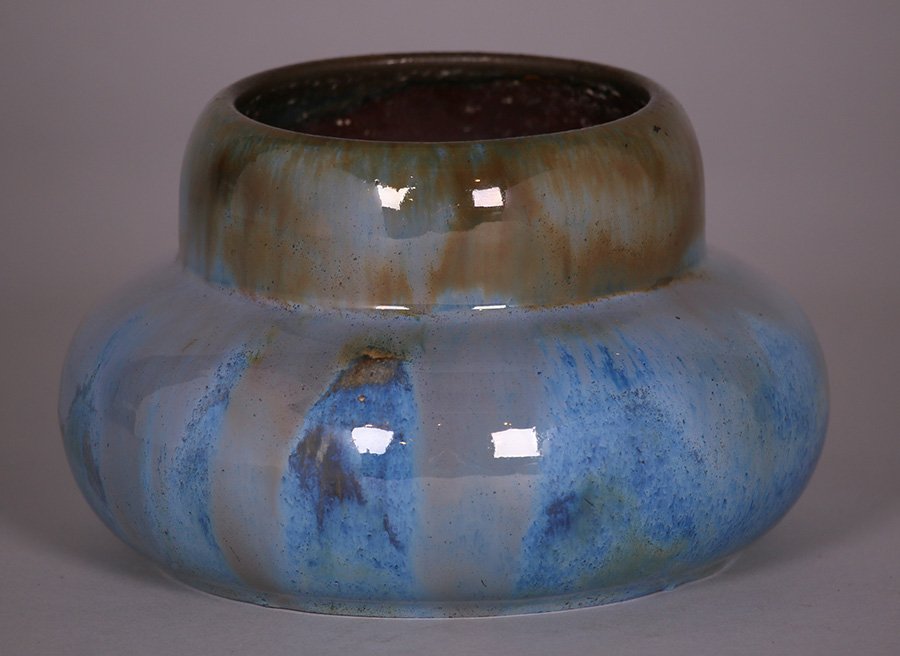 Fulper Blue Flambé  Glazed Squat Vase (1 of 2)