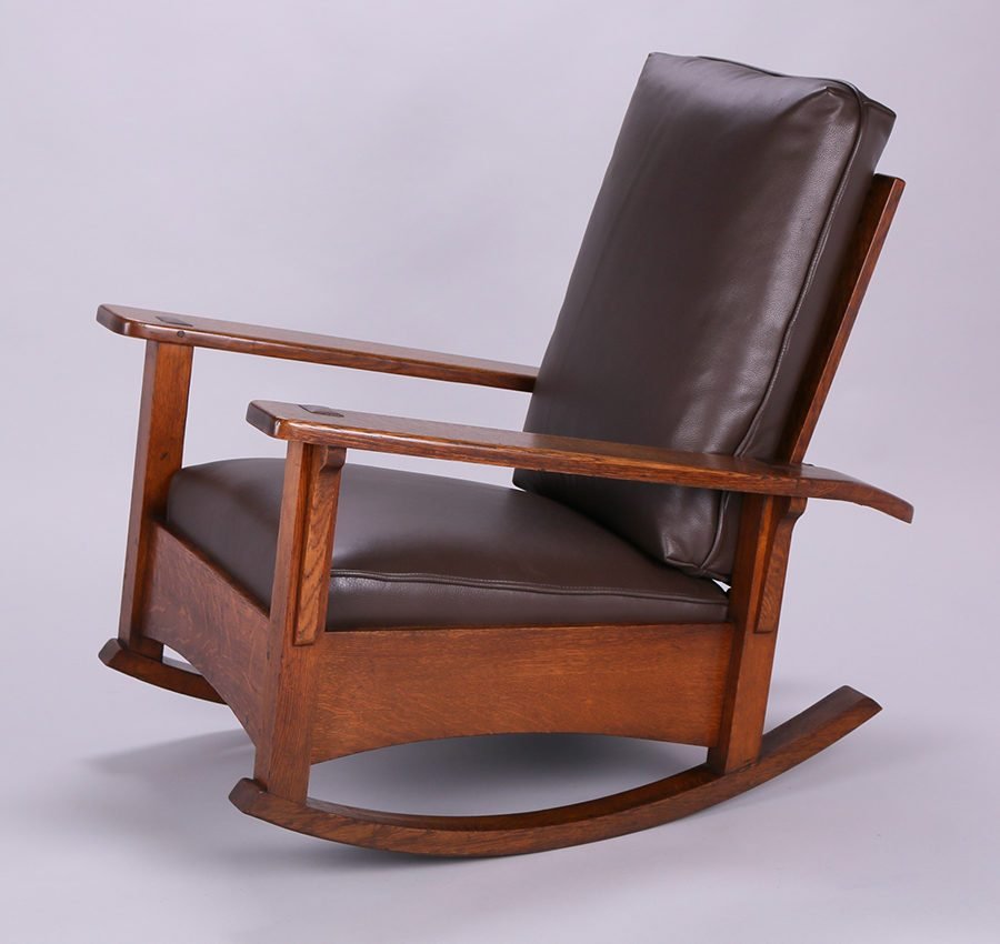 Limbert Morris Rocker: Limbert Morris rocker. Signed. Excellent original finish. 31"w x 40"d x 38"h. Larger piece are shipped via Steve Auger Shipping. He travels coast to coast every month delivering antiques and fine furn