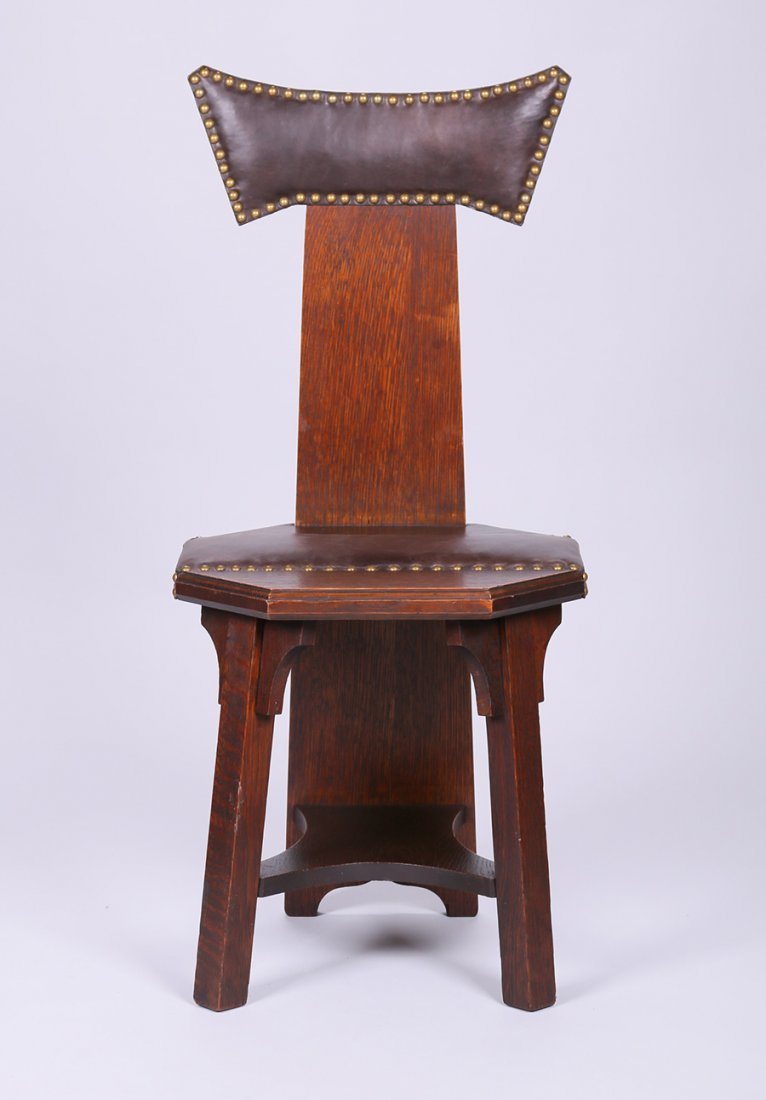 Barber Brothers Hall Chair: Barber Brothers oak and leather hall chair. Signed. Original finish. 38.5"h x 17.5"w x 15.5"d. We box and ship ourselves, to keep shipping costs low. We do not use a packaging service, unless the cust