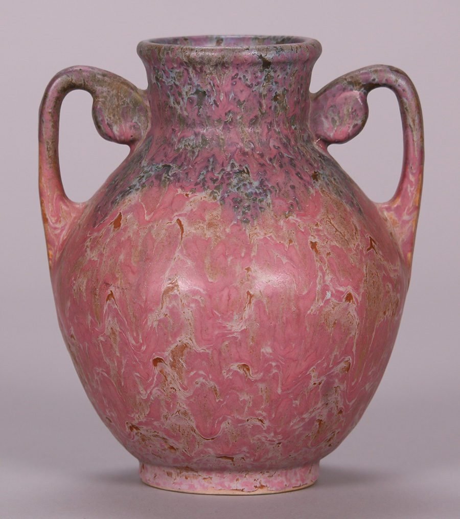 Roseville Carnelian II Two-Handled Vase: Roseville Carnelian II two-handled vase. Unsigned. Perfect condition. 7"h x 5.5"d. We box and ship ourselves, to keep shipping costs low. We do not use a packaging service, unless the customer prefers