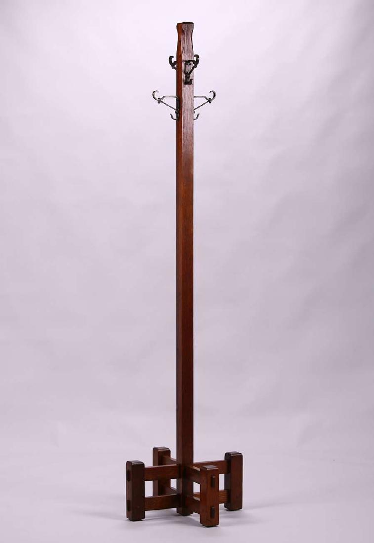 Limbert Coatrack: Limbert coatrack. Unsigned. Excellent original finish. 71.5"h x 18" x 18" base. Larger piece are shipped via Steve Auger Shipping. He travels coast to coast every month delivering antiques and fine fu