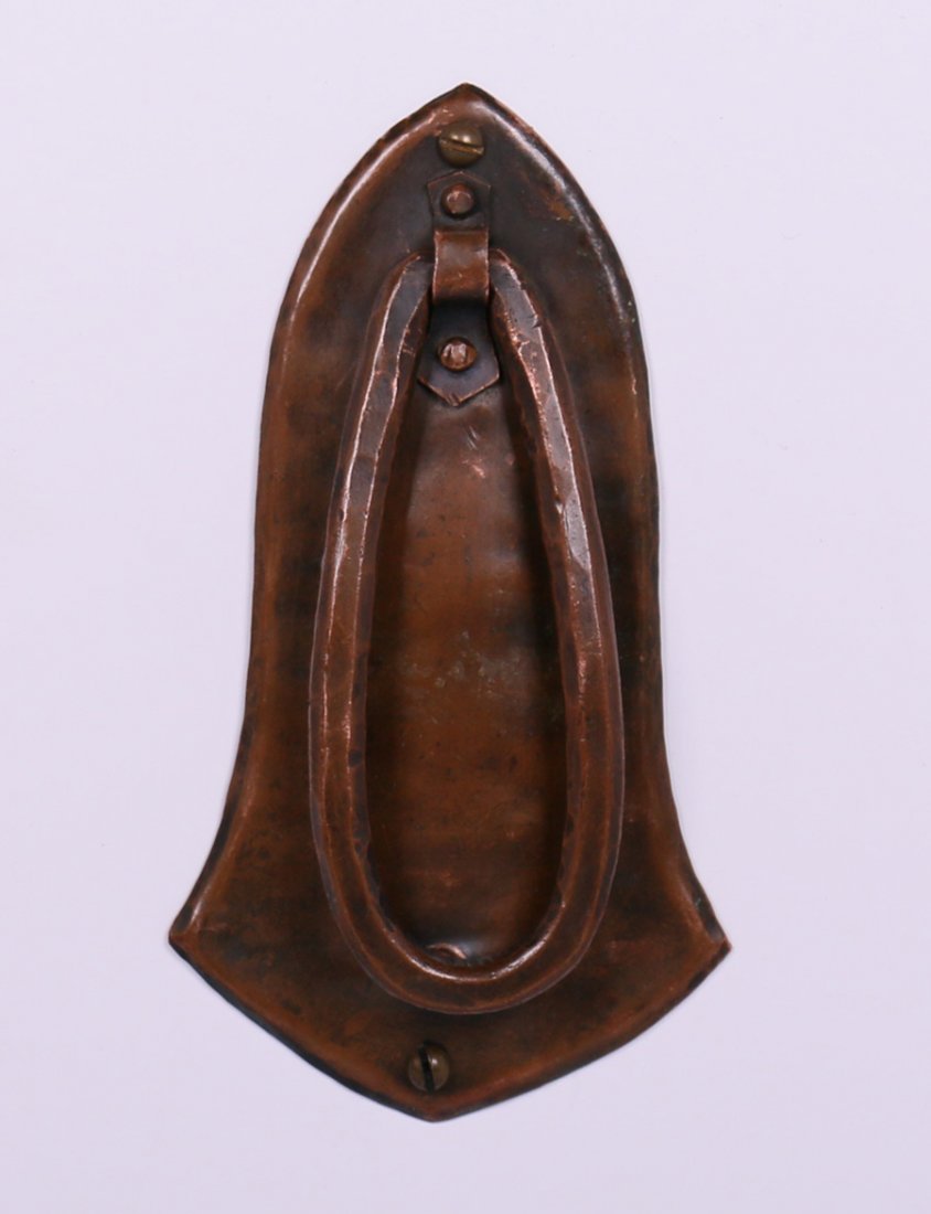 Small Harry S. Dixon Hammered Copper Door Knocker: Small Harry St. John Dixon hammered copper door knocker. Excellent original patina. Signed "H Dixon San Francisco" inscribed on back. 5 5 /8"h x 3"w. We box and ship ourselves, to keep shipping costs