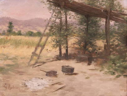 Grace Hudson Painting "Along the Russian River": Grace Carpenter Hudson (1865-1937) oil painting entitled “Along the Russian River”. Exhibited at the Sonoma County Museum in 1990. 8" x 10"w. From 11.25"h x 13 5/8"w. We box and ship ourselves, to