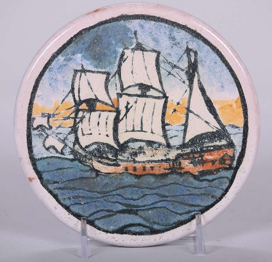 Paul Revere Pottery Round Ship Tile c1912 (1 of 2)