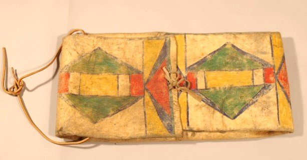 Old Yakima or Nez Perce Painted Parfleche Envelope: A very nice late 19th century parfleche, good patina, good color. Constructed of rawhide and painted with mineral-based paint in a geometric pattern typical of the Columbia Plateau. Dimensions: 13 in.