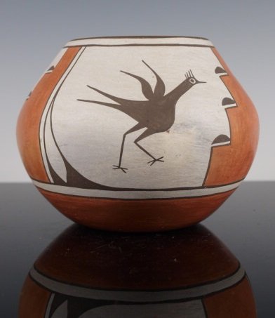 Zia Polychrome Pottery "Bird Jar" by Candelaria: Diminutive pottery jar with traditional Zia elements, a fine example of the potter's work at her peak, signed on bottom Candelaria Gachupin. c. Mid-20th C. Dimensions: 4 & 1/8 in. tall x 5 & 5/8 in. d