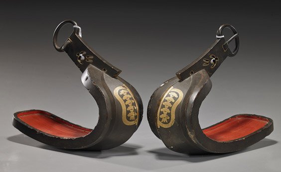 Pair Edo Period Lacquered Iron Samurai Stirrups: Pair antique Edo Period Japanese lacquered iron Samurai stirrups; each with gilt fan-form emblems and cut out beautiful birds in flight , L: 11 1/2" (each)