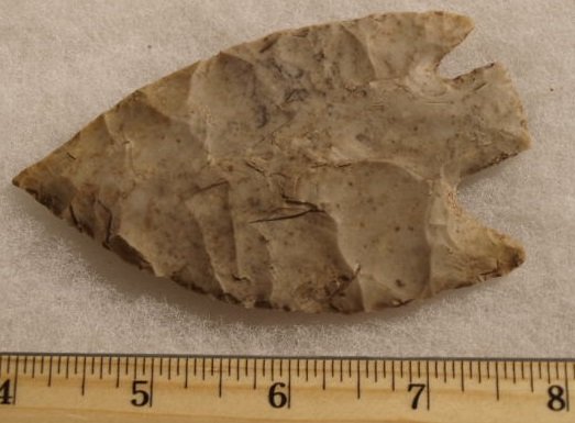 Stermer Papered Texas Marshall corner-notched knife: Stermer Papered Texas Marshall corner-notched knife made from Edwards Plateau chert 3 15/16 inches long. Late Archaic period, a rare type papered by Ben Stermer at Western Typology. Points, arrowheads
