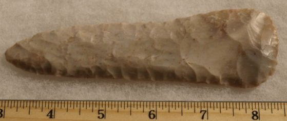 Stermer Papered Texas Archaic Knife: Stermer Papered Texas Archaic knife made from Edwards Plateau chert 5 9/16 inches long. Late Archaic period, a rare type papered by Ben Stermer at Western Typology. Points, arrowheads and knives in th