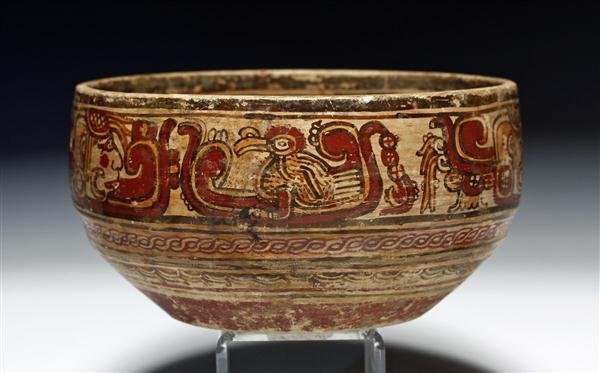 Important Maya Copador Bowl of creation scene: A large pre-Columbian, Mayan polychrome bowl from Copan. This bowl is one of the finest Copan bowls we have handled. The iconography could not be more important on this bowl showing the creation scene