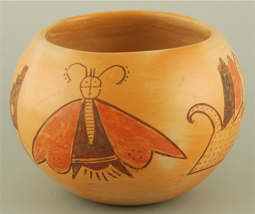 Grace Chapella Bowl with Moths: Native American Hopi-Tewa Bowl with Moths, signed Grace Chapella, 100 years old 5.5" x 4" w. small crack from rim