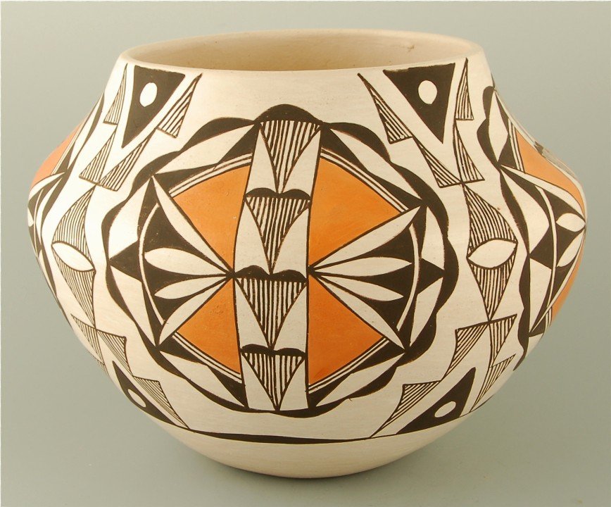 Marie Chino Acoma Jar: Native American jar with Star Medallions, slight lean, 6.25" w x 8" h As the signature shows, this jar was made by Rose Chino Garcia,a daughter of Marie Z Chino, not by Marie herself.