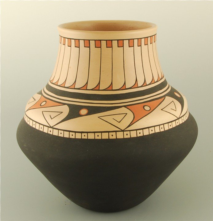 Cavan Gonzales San Ildefonso Jar: Native American Polychrome jar with feather pattern. Signed, Cavan Gonzales. 10" h x 9" w.