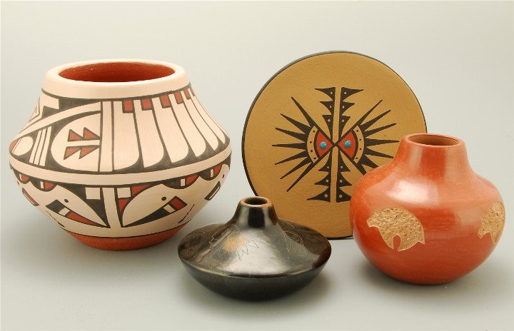 San Ildefonso Pottery Group: Native American Polychrome bowl with feather pattern, signed Than Tsideh (Erik Fender), 5" h x 6" w. Black and tan bowl with incised buffalo and drum, signed Than Moo-Whe (Barbara Gonzales),2.5" h x 4
