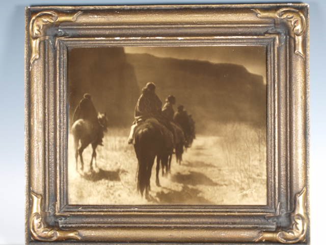 Edward S Curtis Gold tone Vanishing Race: Edward Sheriff Curtis Crotone Vanishing Race Signed Curtis l.r. and copyright l.l.; in original arts and crafts bronzed gesso and wood batwing frame; with Curtis's descriptive label attached to verso,