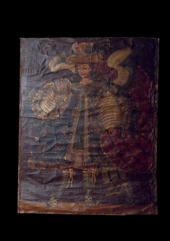 Two Cuzco School Oil Paintings: 34â€ x 24â€ Description: Two Oil paintings on canvas including the Archangel Michael holding a sword and wearing a helmet. Together with the Madonna and Christ child, landscape scene in the back
