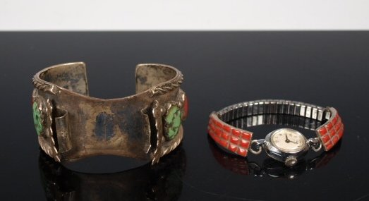 Navajo Silver Watchband with Turquoise and Coral and: Navajo silver, turquoise and coral watchband from the 1960's. Beautifully hand crafted piece featuring four pieces of turquoise and two pieces of coral. Band Measures 5 3/4 long. 1960's Timex watch wi