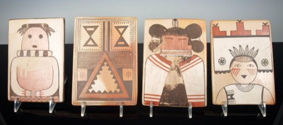 Four Hopi Pottery Tiles by Darlene Nampayo: Four charming pottery Hopi tiles by Darlene Nampayo, Hopi Pueblo. Three Katsina / Kachina tiles - Hakto, Butterfly Maiden, and Hemis Mana - and one pottery design tile. Signed by the artist. Dimension