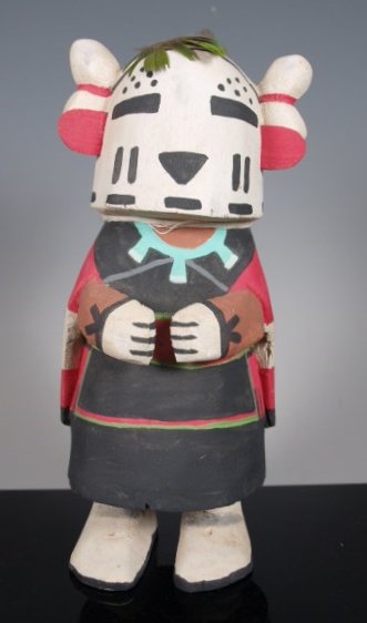 Hopi Snow Maiden Katsina Kachina by John David: Native American Indian Katsina doll, Snow Maiden, by John David, Hopi Pueblo. Old-style carving, parrot feather tufts on top of mask. Signed by artist. Height: 6.5 in.