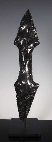 Very rare Large Colima double Obsidian spear point: A very rare Colima Pre-Columbian double headed obsidian (volcanic glass) spear point. 11.0 inches long and razor sharp, serrated edge. These points would have been hafted onto a wooden spear or in thi