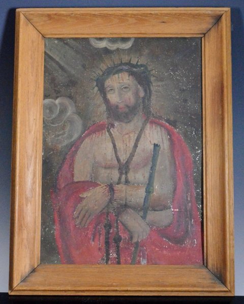 Antique Painted Mexican retablo of Christ on metal: 16 inches x 13 inches framed. Painted Mexican retablo of Christ on metal. Early 20th Century