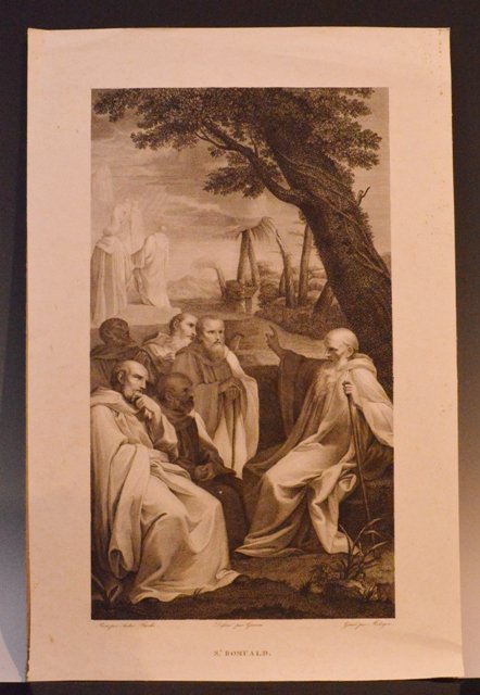The Vision of St. Romuald (Andrea Sacchi) 1910: The Vision of St. Romuald (Andrea Sacchi) Original helio-engraving on vellum paper after Andrea Sacchi. Anonymous. 1910 21 inches x 14 inches framed, will be shipped in frame, but frame is broken.