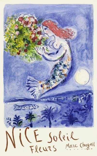 Marc Chagall Nice Soleil Fleurs 1962: Color lithographic poster 38 x 24 inches (96.5 x 61.0 cm) From the edition of 5000 Printed by Mourlot,in 1962, Paris LITERATURE: Mourlot, 350. In simple metal and glass frame.