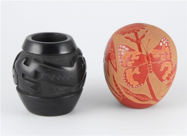 Nancy Youngblood, Rosemary Appleblossom Lonewolf Santa: Carved jar with Avanyu by Nancy Youngblood, signed “Nancy Yellow Aspen Youngblood, October 1974”. 2.5”h x 2.25”w. Butterfly Seedpot signed, “Appleblossom 1981”, 3”h x 2.5”w.