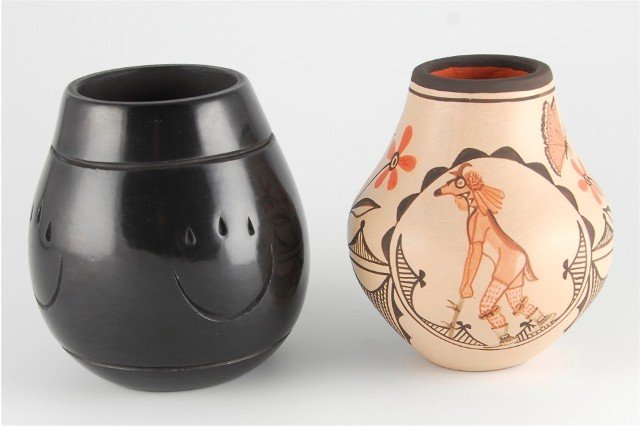 Marcellus Medina, Zia & Ryan Roller, Santa Clara: ar with butterfly dancers, signed, “M. Medina, E. Medina”, 4.25”h x 4”w. Jar with bear paws signed, “Ryan Roller”, 4”h x 4”w.