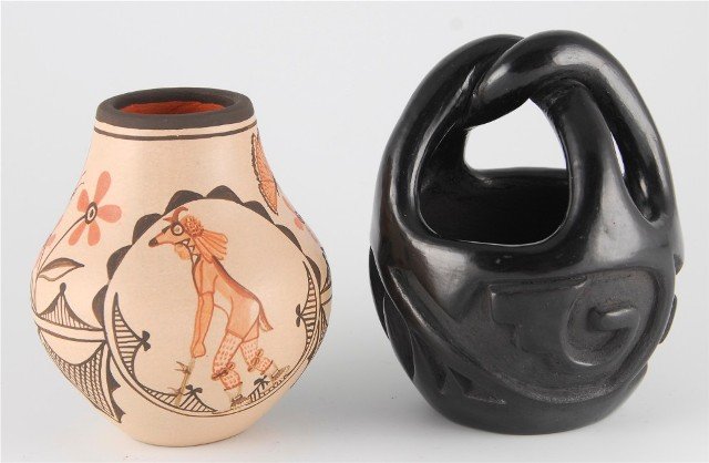 Marcellus Medina, Zia, and Reycita Naranjo, Santa Clara: Deer Jar signed, “M. Medina, E. Medina”. Carved Engagement Basket, 4.5”h x 3.75”w, signed, “Reycita”.