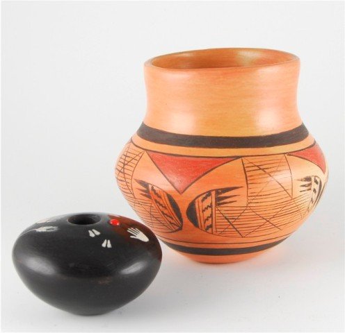 Leah Nampeyo and Lawrence Namoki, Hopi Pottery: Batwing Design Jar signed, “Leah Nampeyo, 4.75”w x 4.75”h. Seedpot with painted bear paws, coral, signed, “Lawrence Namoki”, 2”h x 3”w.