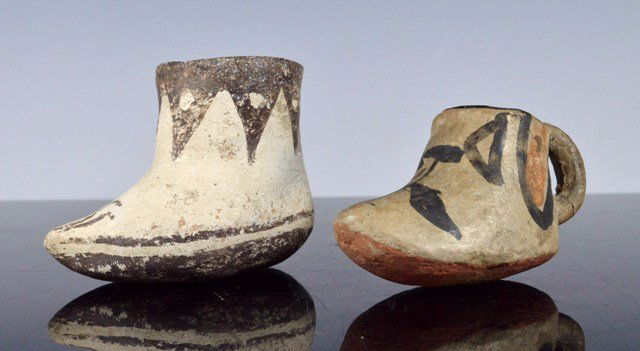 2 Vintage Native American Pueblo Pottery Boots: First 2 1/4 inches tall with pointed toe, appears Cochiti. Second with handle 1 1/2 inches tall appears Santa Domingo.