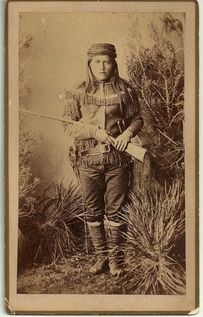 APACHE SCOUT -TSO-AY “PEACHES” BY A.F. RANDALL – ca. 18: "FANTASTIC APACHE SCOUT -TSO-AY “PEACHES” BY A.F. RANDALL – ca. 1881-84. A near mint Boudoir card of noted General Crook Scout “Peaches” or Tso-ay. Tso-ay was a Cibcue Apache, not a Chiricah