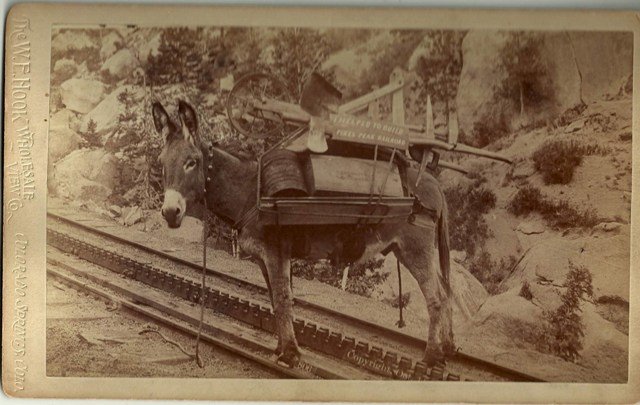 PIKE’S PEAK WORKING DONKEY AND GEAR - ca. 1891-97: "PIKE’S PEAK WORKING DONKEY AND GEAR - ca. 1891-97. Mint Imperial cabinet card by noted Colorado scenery photographer W.E. Hook, with an imprint from his Colorado Springs Studio. A nice shot of the 