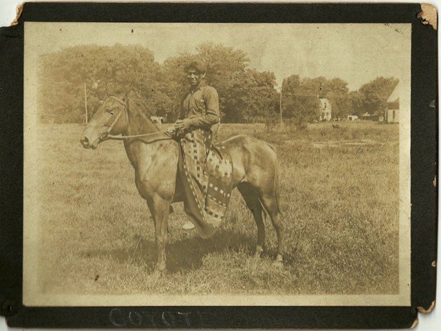 “COYOTE” NATIVE AMERICAN INDIAN PLAYING POLO-STYLE GAME: "“COYOTE” NATIVE AMERICAN INDIAN PLAYING POLO-STYLE GAME – ca. 1900-20. Interesting boudoir card with history on reverse in pen reading, “ ‘Coyote’ Indian playing in polo like game in ball
