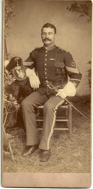 1st CAVALRY SGT. JOHN BROWN – ca. 1888. Mint condition: "1st CAVALRY SGT. JOHN BROWN – ca. 1888. Mint condition oversize cabinet card portrait of “1st Sgt. John Brown – taken in 1888.” Cabinet card measures 4.25” by 8”. A fine image showing a f